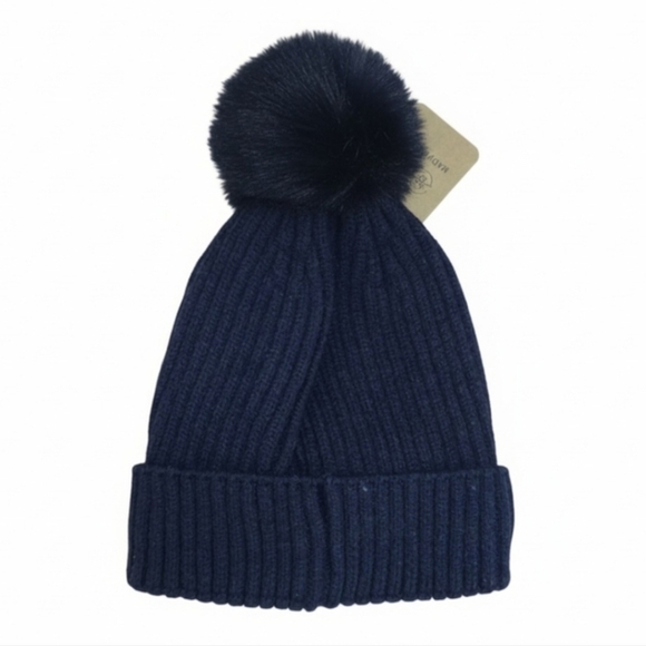 Navy Blue Kids Pom-Pom Beanie with Bear Design - Picture 3 of 3